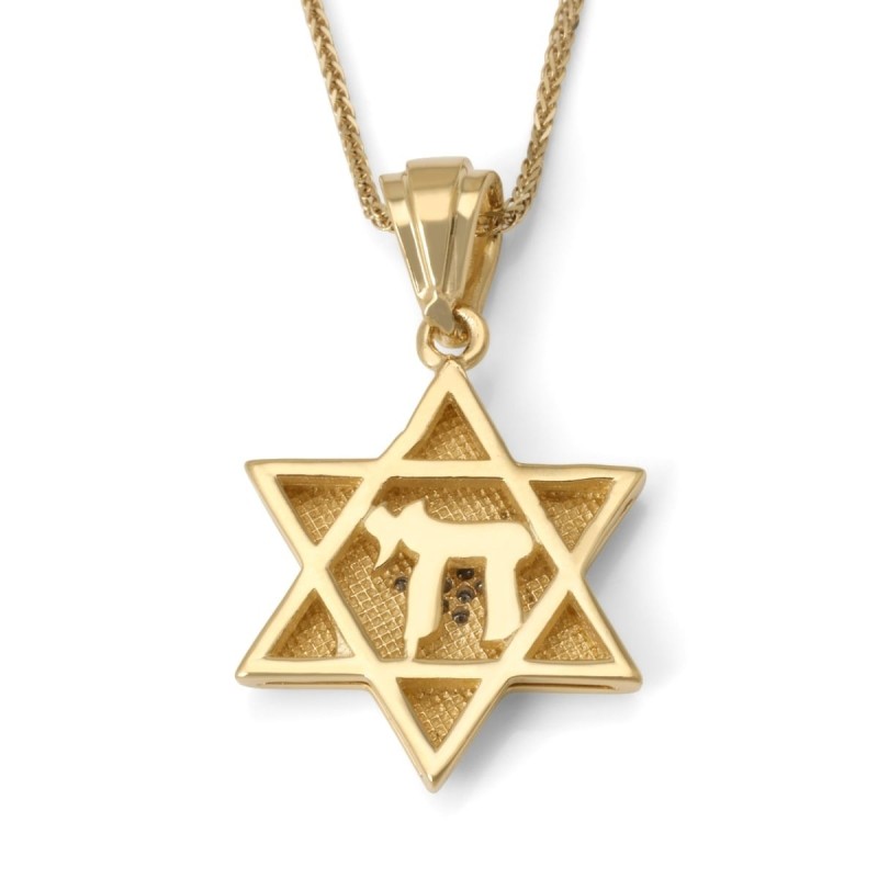 Pendentif Magen David en or jaune 14 carats avec émail bleu et diamants