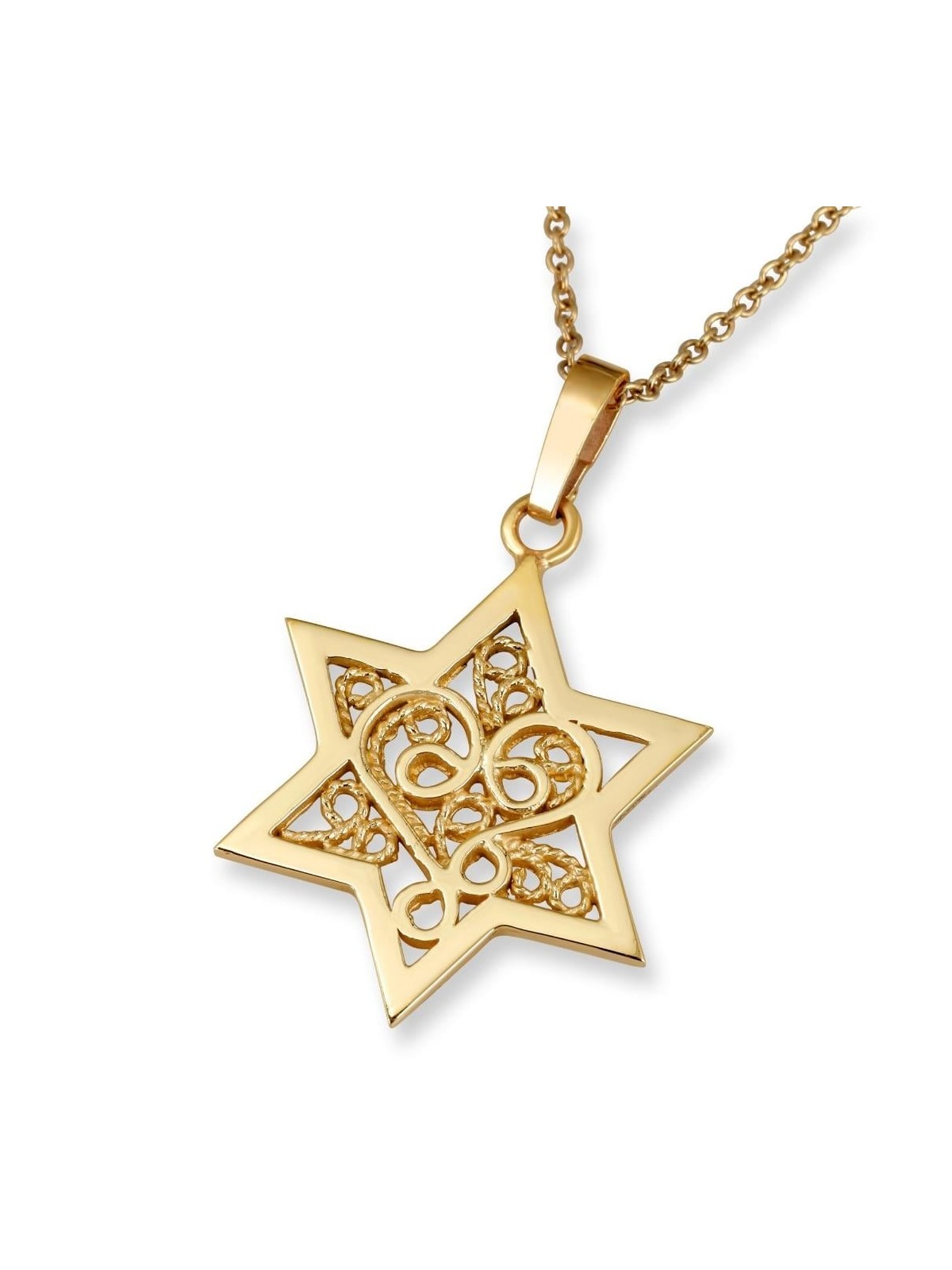 Rafael Jewelry 14K Gold Star of David with Love Heart Filigree Pattern