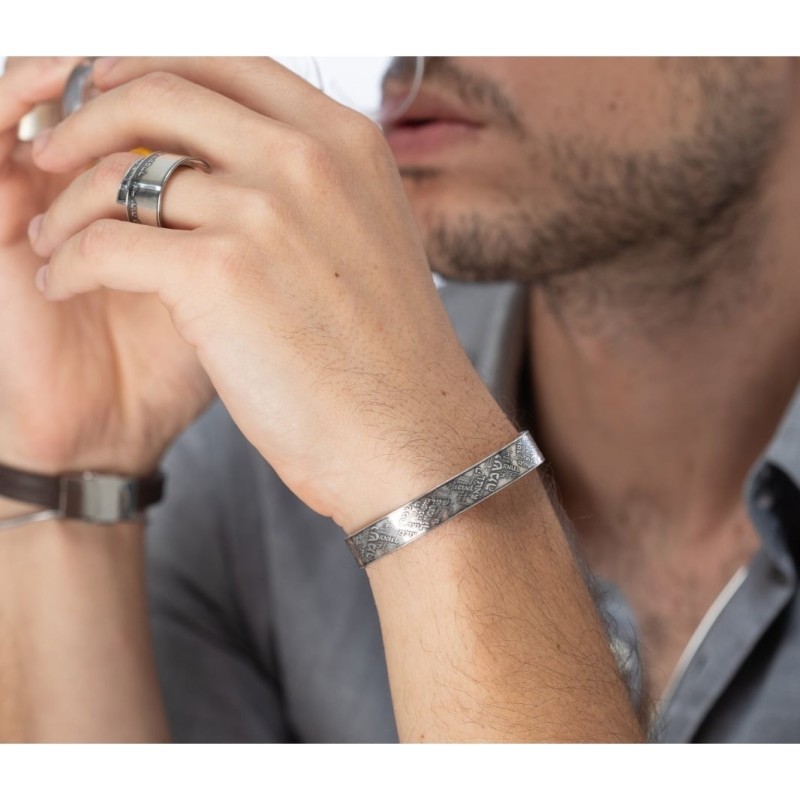Bracelet ouvert Shir Lamaalot (Psaume 121) en argent sterling noirci 925