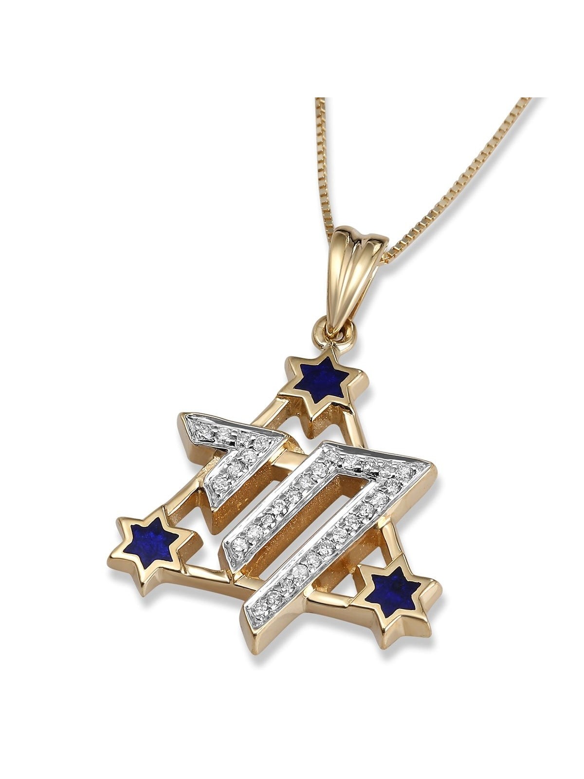 14K Yellow Gold & Blue Enamel Star of David Chai Diamond Pendant