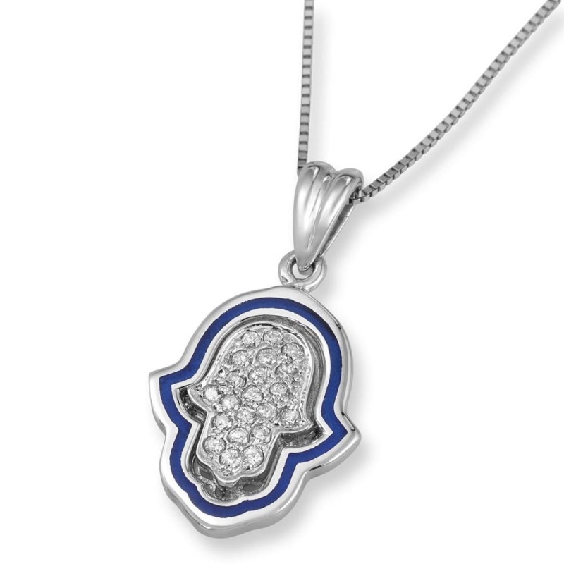 Anbinder Jewelry 14K White Gold Diamond Hamsa Pendant with Blue Enamel