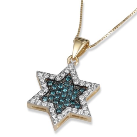 Pendentif étoile de David en or jaune 14 carats avec grand diamant blanc et bleu