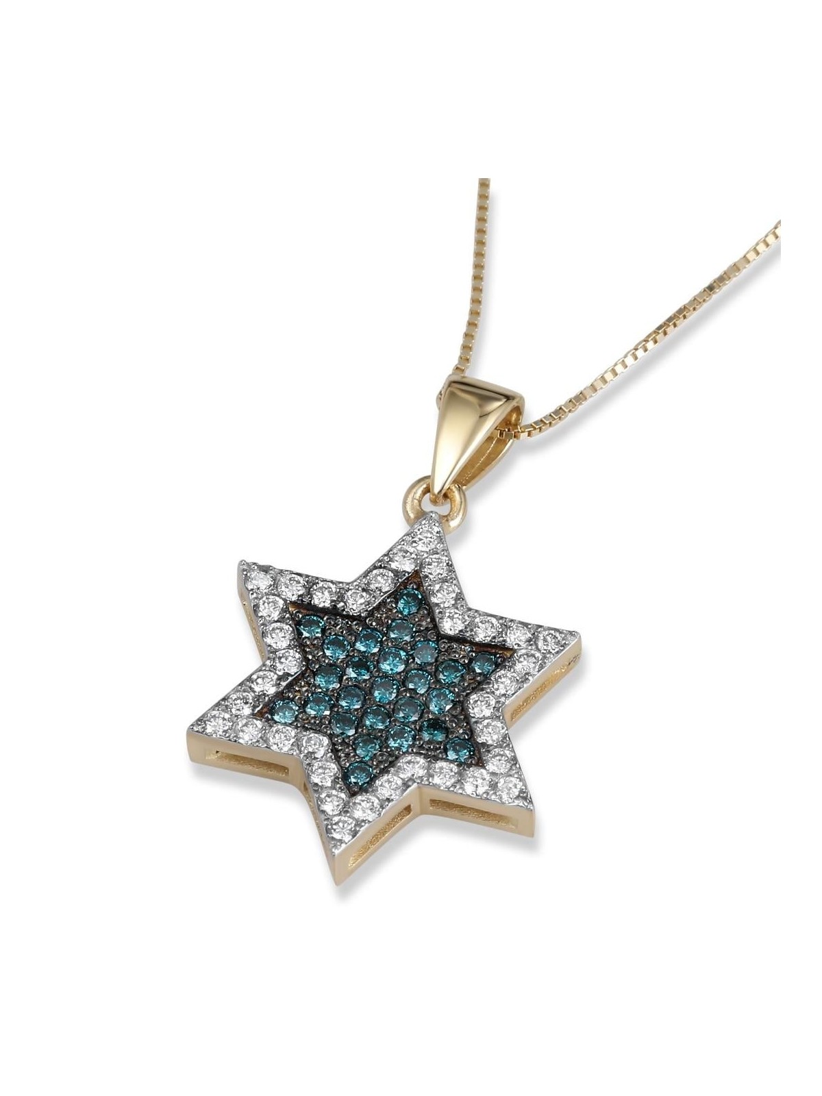 14K Yellow Gold Large White & Blue Diamond Star of David Pendant