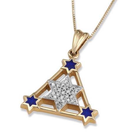 Pendentif triangle étoile de David en or jaune 14 carats et émail bleu