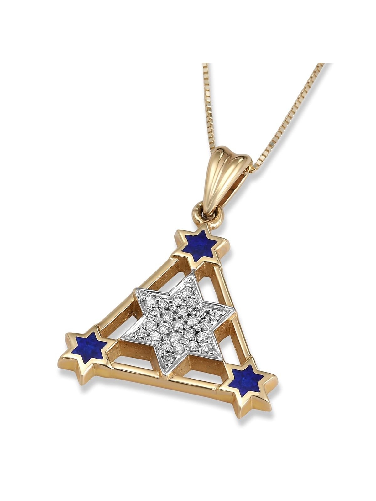 14K Yellow Gold & Blue Enamel Star of David Triangle Diamond Pendant