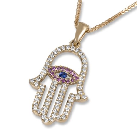 14K Gold Diamond Hamsa Pendant with Pink and Blue Sapphire Evil Eye