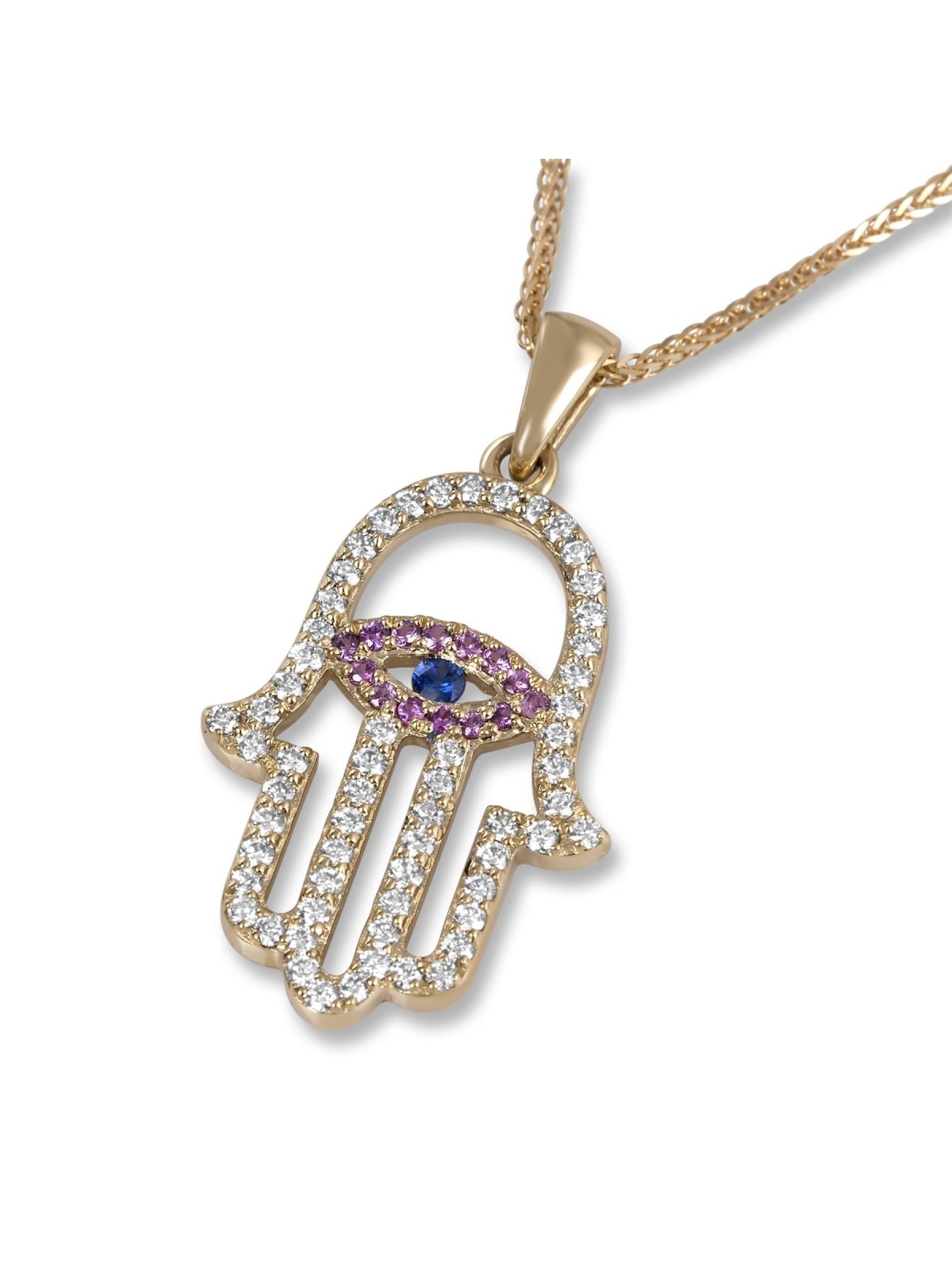 14K Gold Diamond Hamsa Pendant with Pink and Blue Sapphire Evil Eye