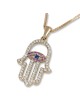 14K Gold Diamond Hamsa Pendant with Pink and Blue Sapphire Evil Eye