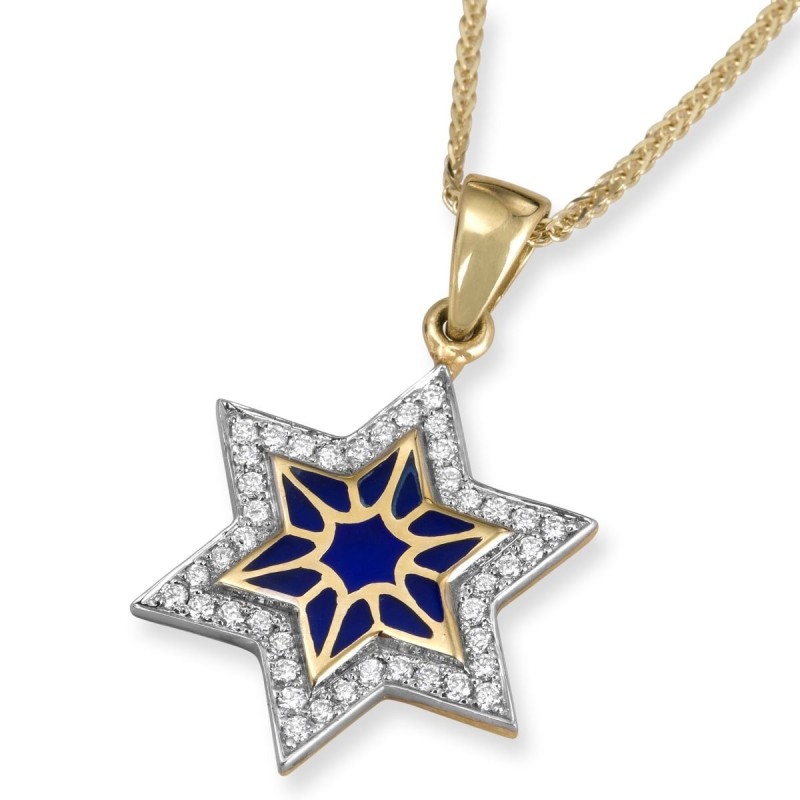 Pendentif chic étoile de David en or jaune 14 carats et émail bleu avec 42 diamètres