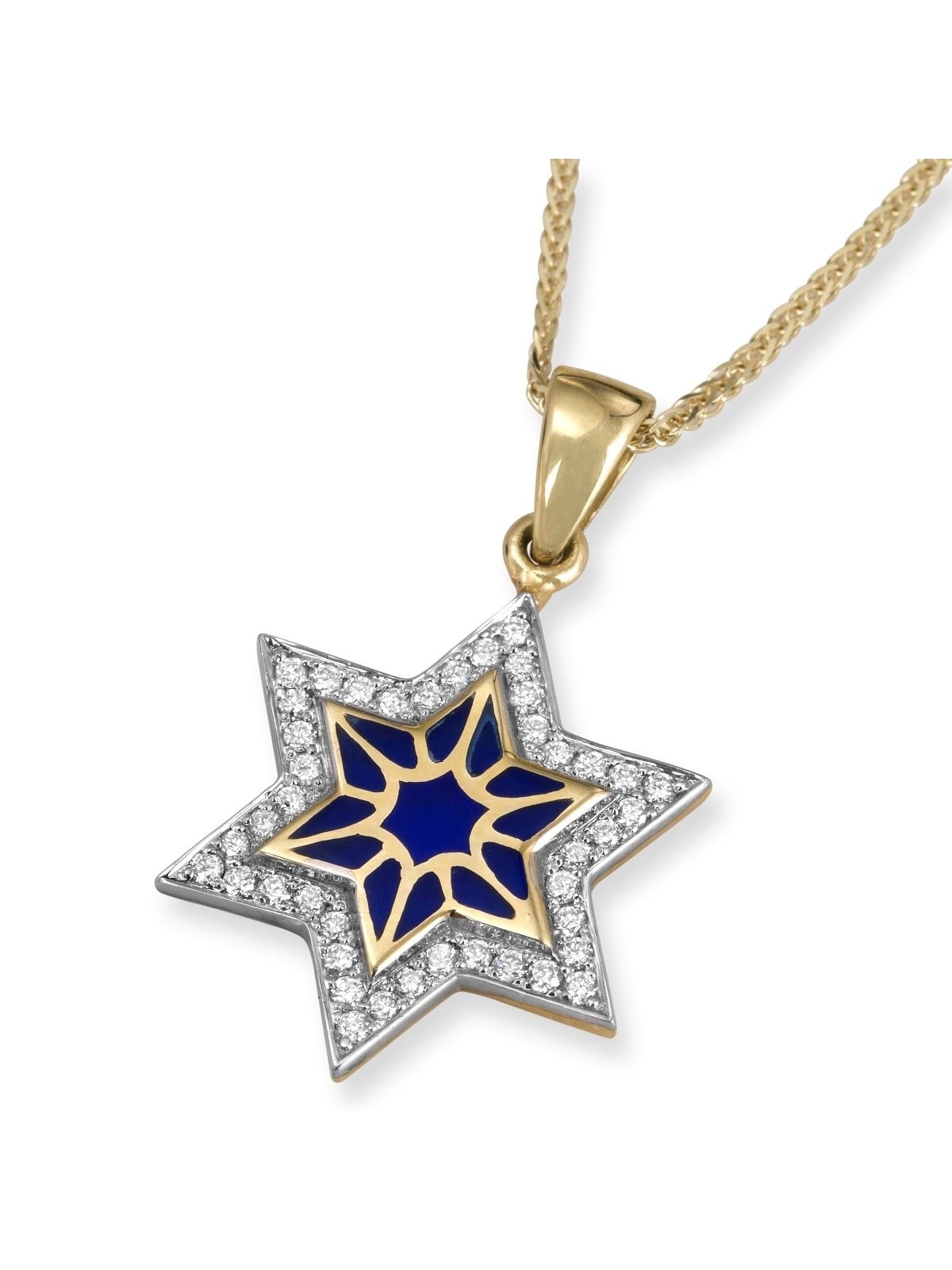 Pendentif chic étoile de David en or jaune 14 carats et émail bleu avec 42 diamètres