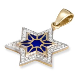 Chic 14K Yellow Gold and Blue Enamel Star of David Pendant With 42 Dia