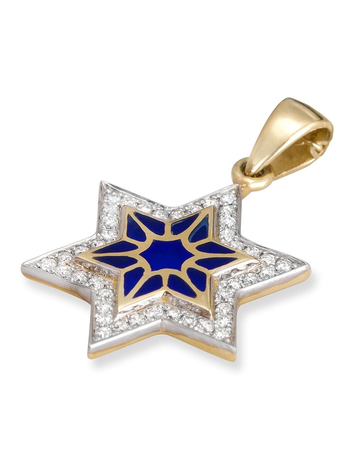 Pendentif chic étoile de David en or jaune 14 carats et émail bleu avec 42 diamètres