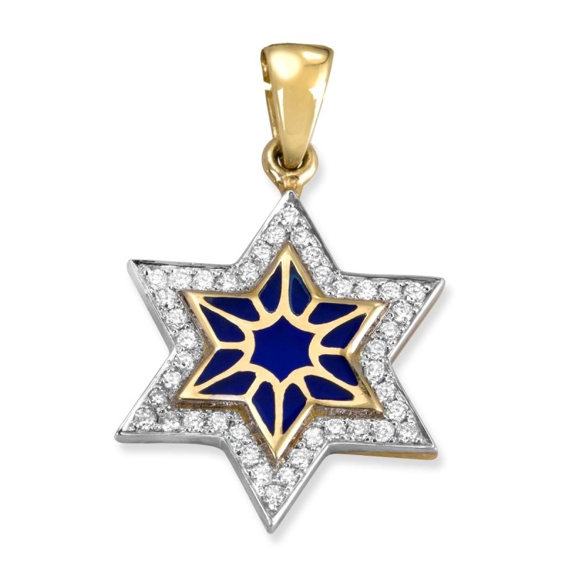 Pendentif chic étoile de David en or jaune 14 carats et émail bleu avec 42 diamètres