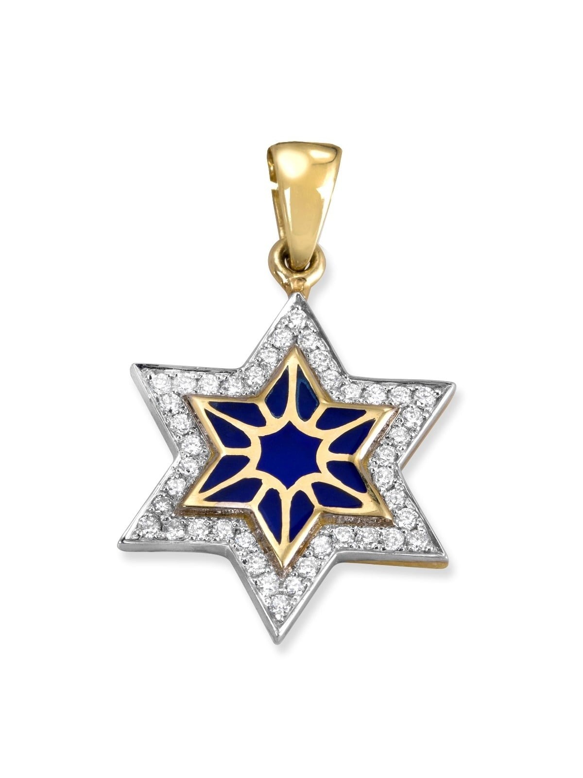 Pendentif chic étoile de David en or jaune 14 carats et émail bleu avec 42 diamètres