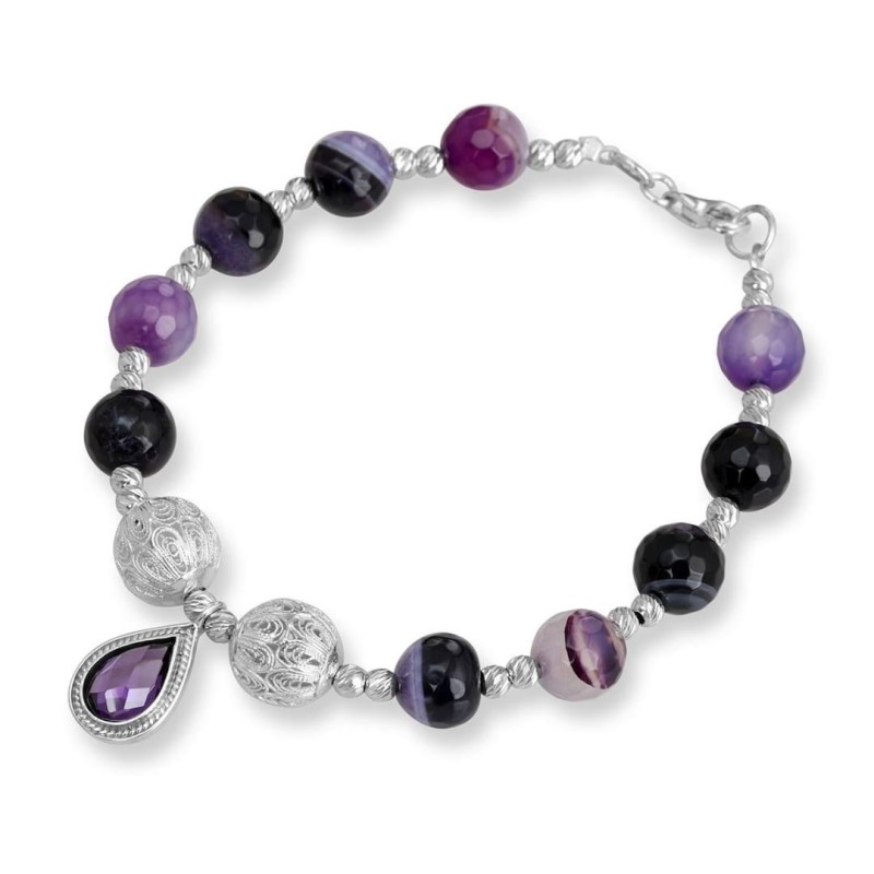 Rafael Jewelry Silver Bracelet with Purple Amethyst & Agate Stone Bead