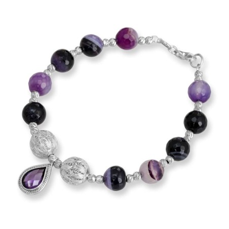 Rafael Jewelry Silver Bracelet with Purple Amethyst & Agate Stone Bead