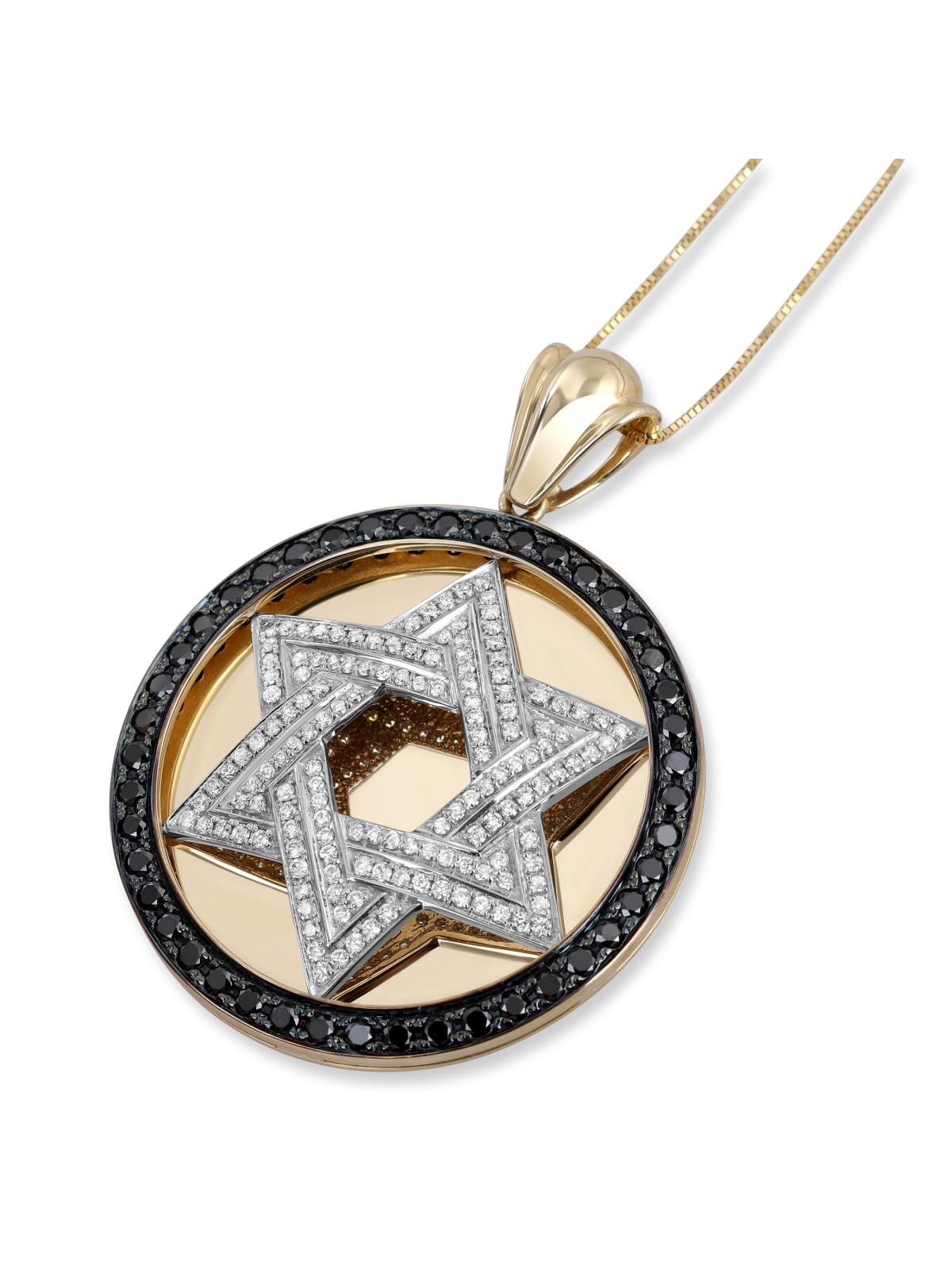 Pendentif disque étoile de David en or 14 carats et diamants avec diamant noir