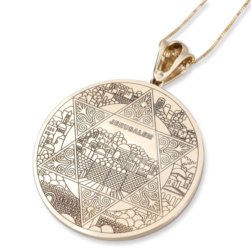 Pendentif disque étoile de David en or 14 carats et diamants avec diamant noir