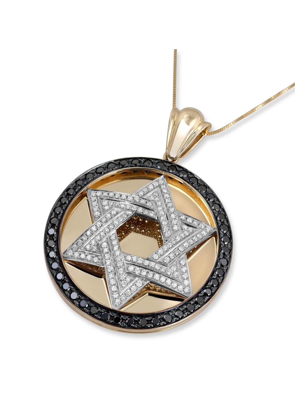 Pendentif disque étoile de David en or 14 carats et diamants avec diamant noir