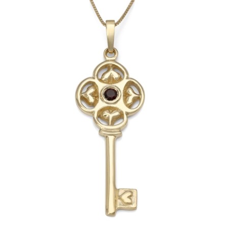 Pendentif clé en or 14 carats avec pierre grenat