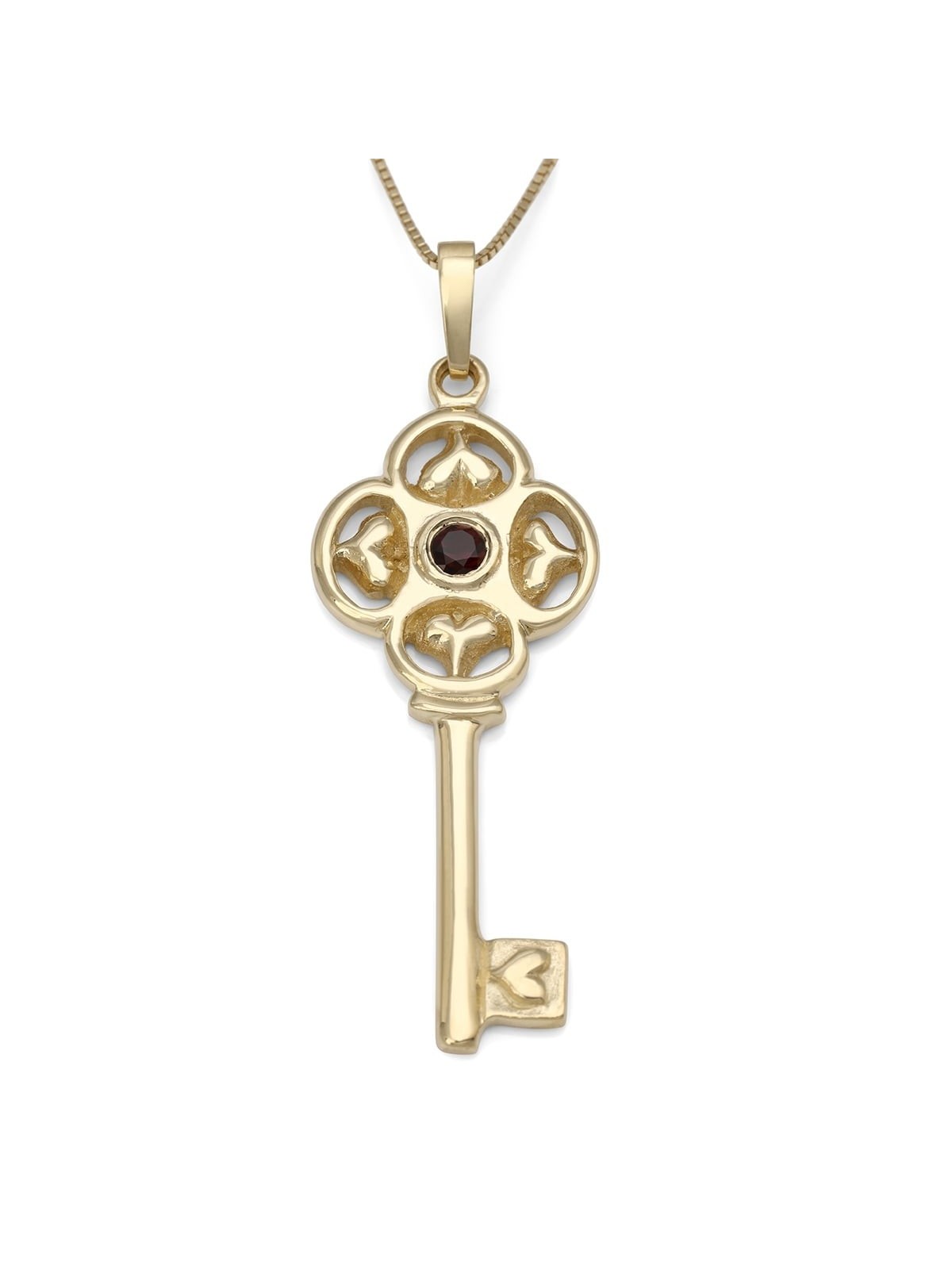 14K Gold Key Pendant with Garnet Stone