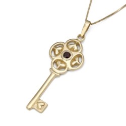 14K Gold Key Pendant with Garnet Stone
