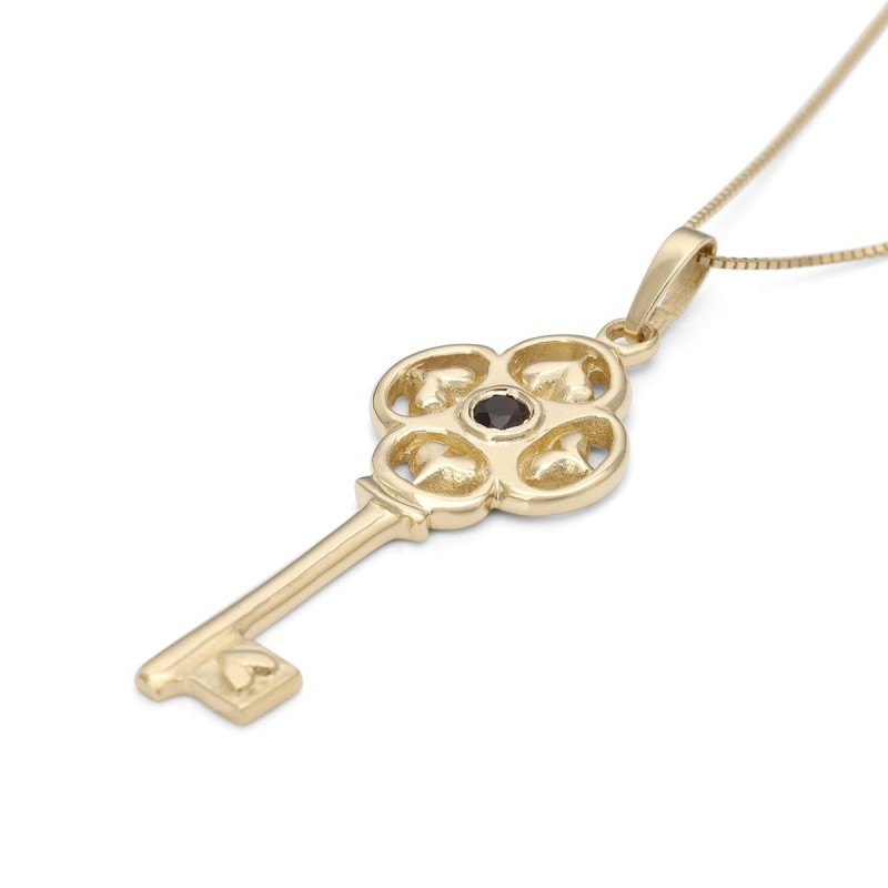 Pendentif clé en or 14 carats avec pierre grenat