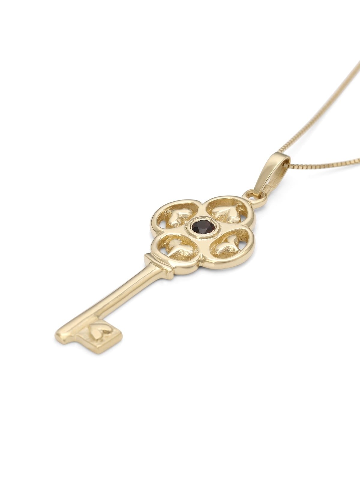 14K Gold Key Pendant with Garnet Stone