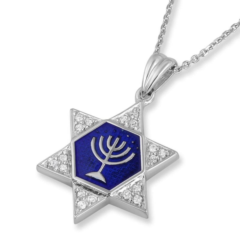 Collier étoile de David en or blanc 14 carats et étoile de David en émail avec menorah et