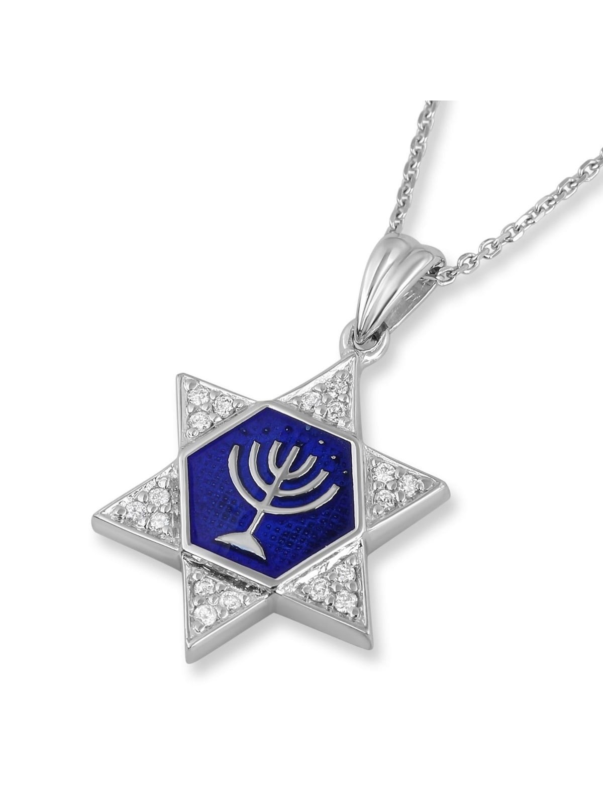 14K White Gold Star and Enamel Star of David Necklace with Menorah and