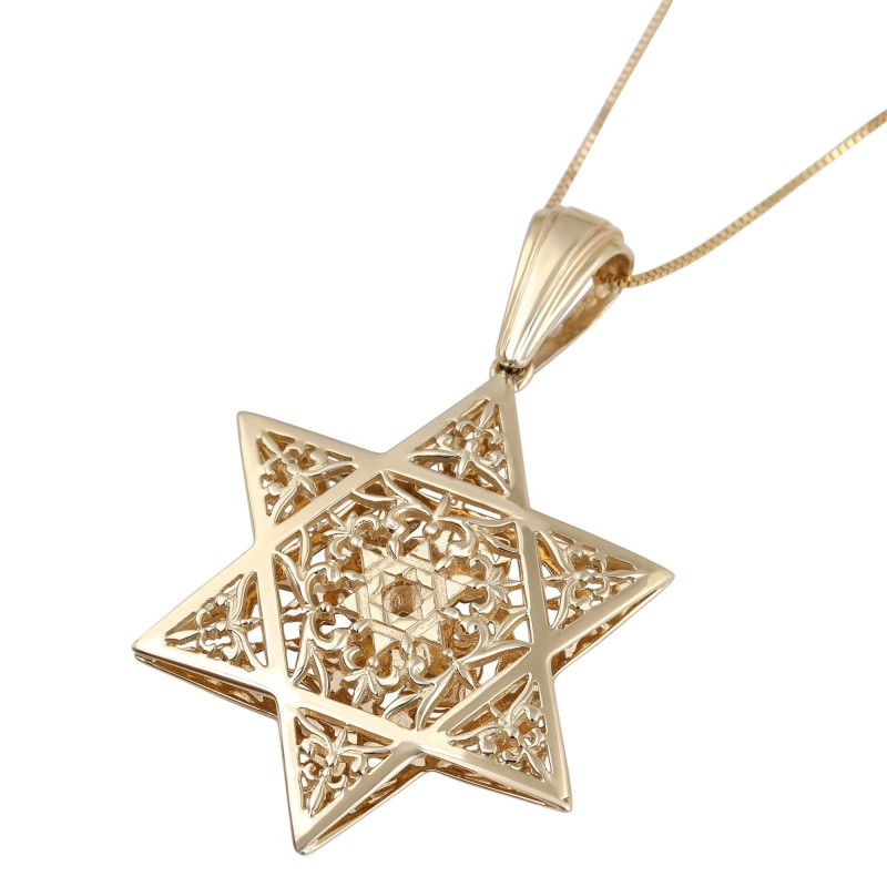 14K Gold Double Star of David Pendant with Filigree-Inspired Patterns