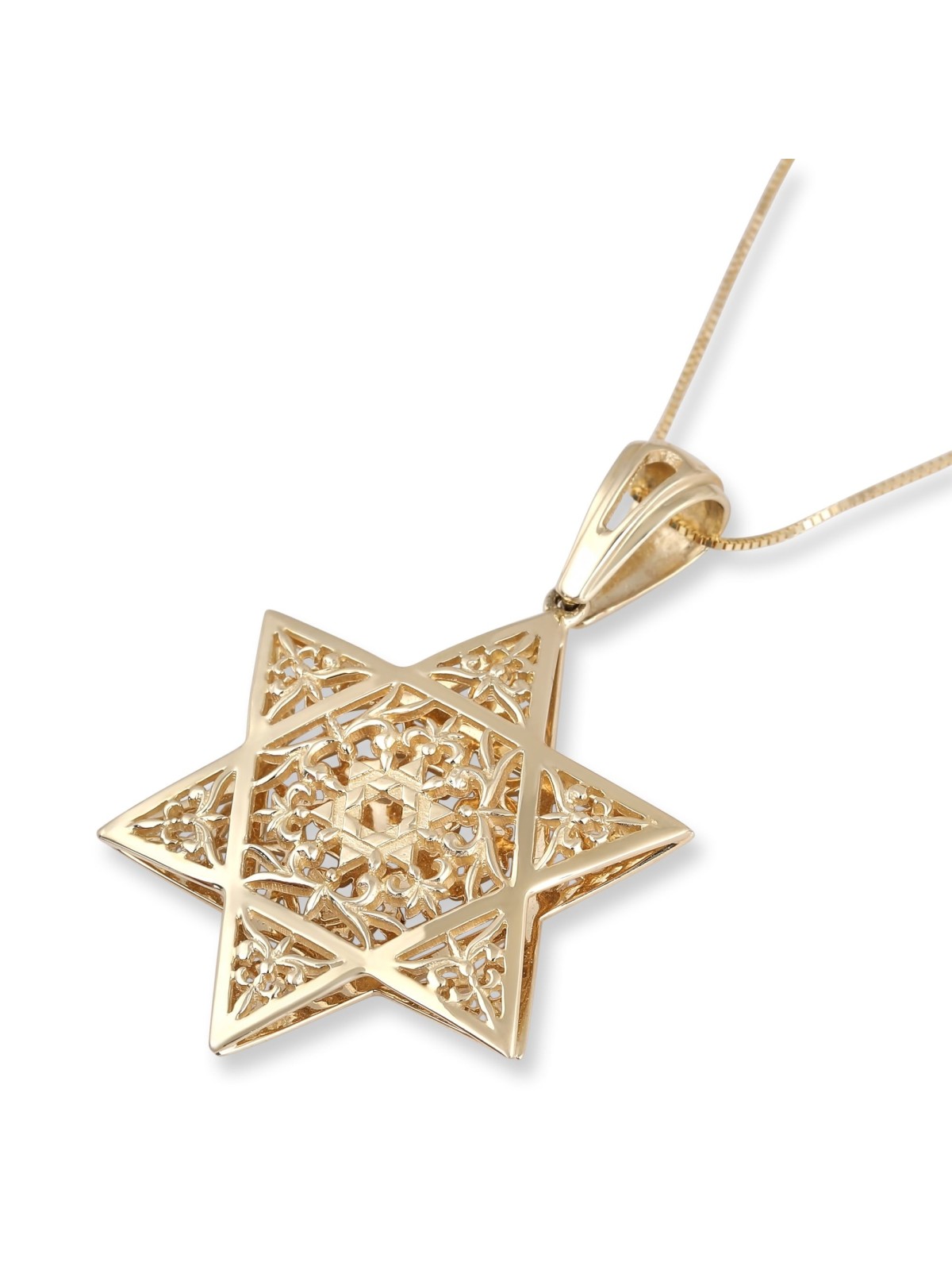 14K Gold Double Star of David Pendant with Filigree-Inspired Patterns