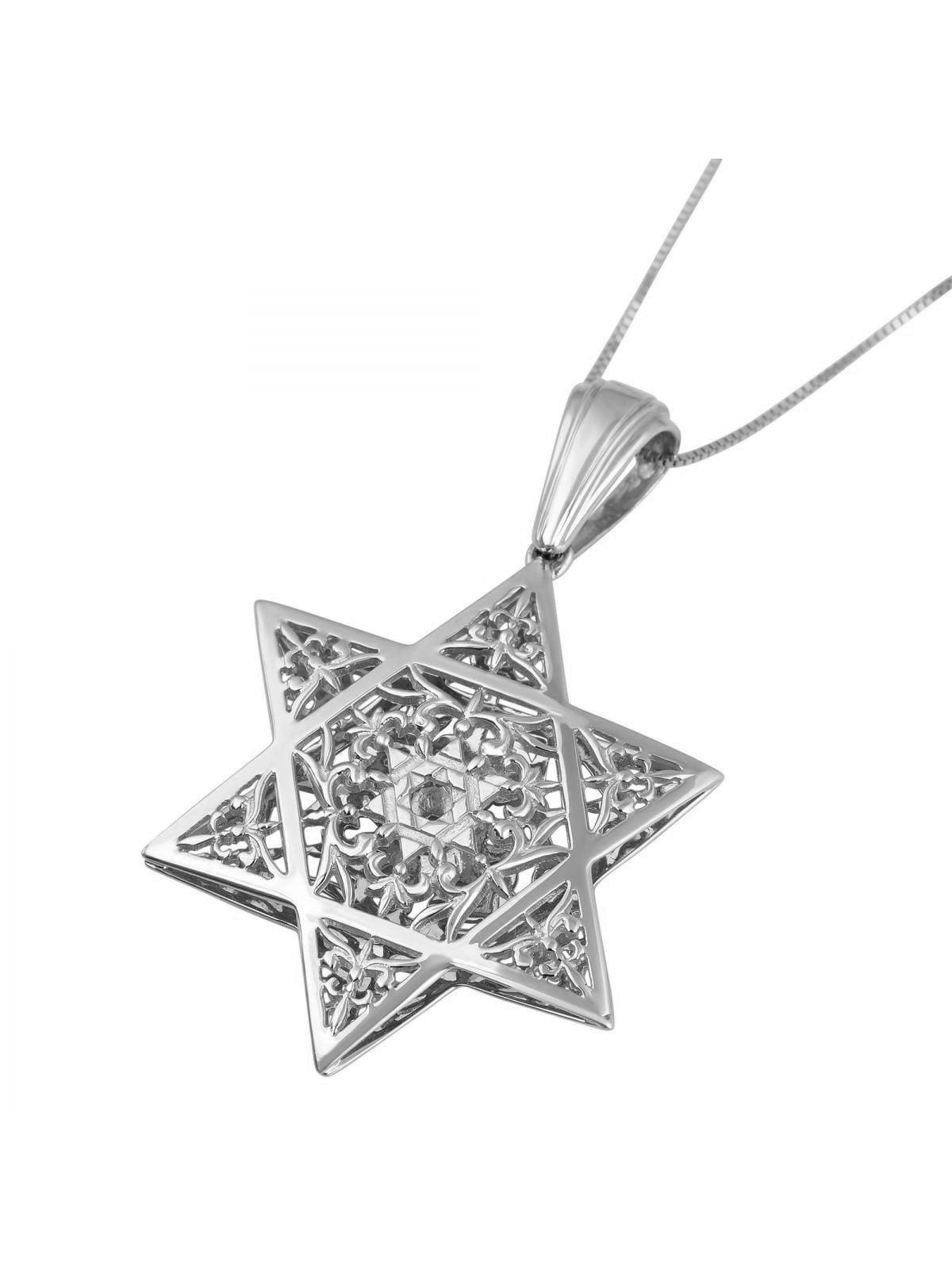 14K Gold Double Star of David Pendant with Filigree-Inspired Patterns
