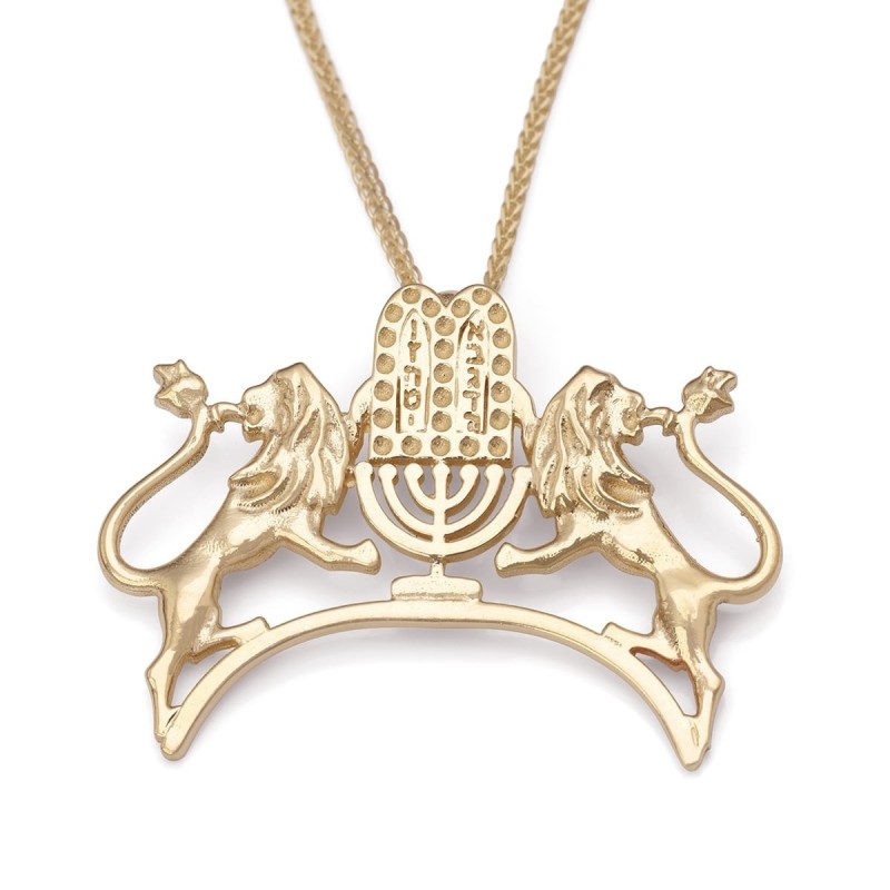 Handcrafted 14K Yellow Gold Lion of Judah Pendant Necklace With Ten Co