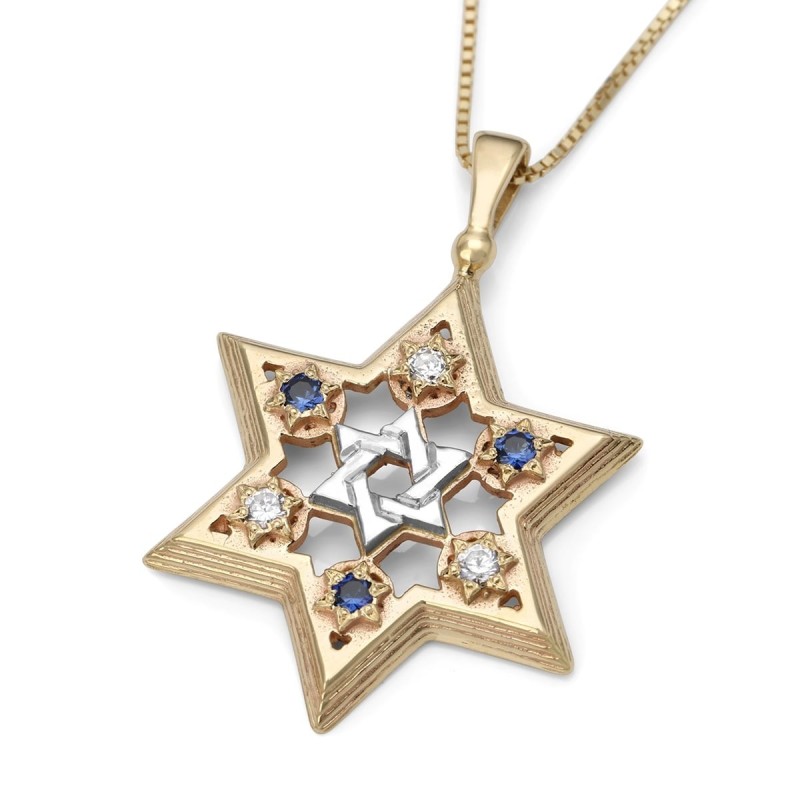 14K Gold Star of David Pendant with Diamonds and Sapphires
