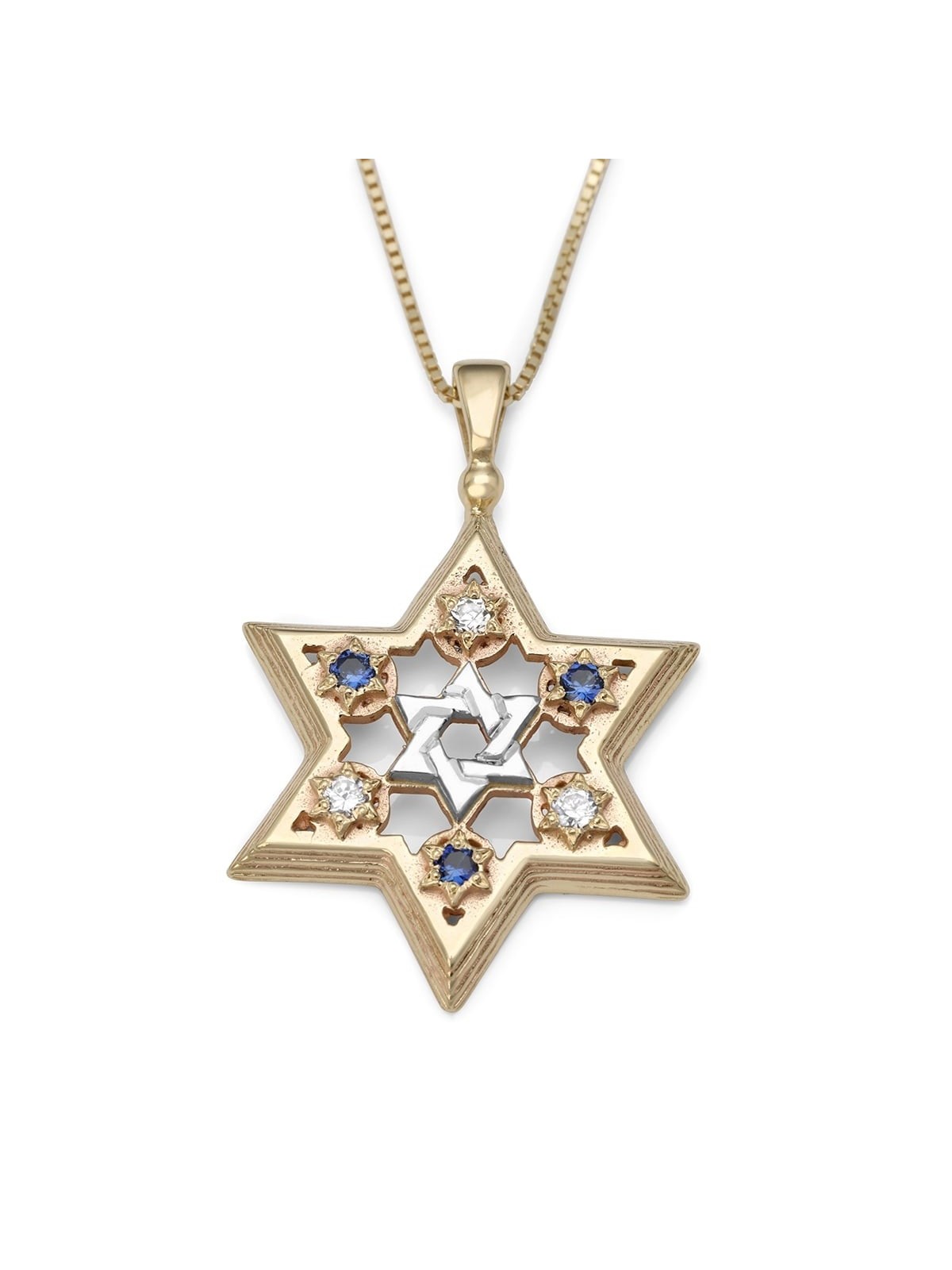 14K Gold Star of David Pendant with Diamonds and Sapphires