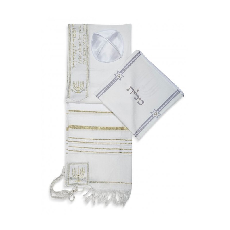 Ateret Acrylic Tallit Set Menorah Motif and Bible ... | Modern Tallits
