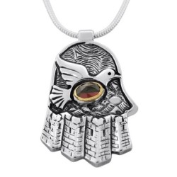 Sterling Silver Hamsa Necklace with Dove & Garnet Stone
