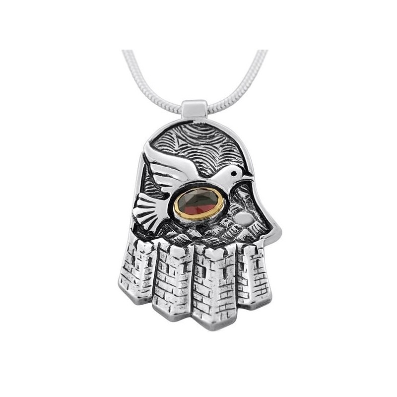 Sterling Silver Hamsa Necklace with Dove & Garnet Stone