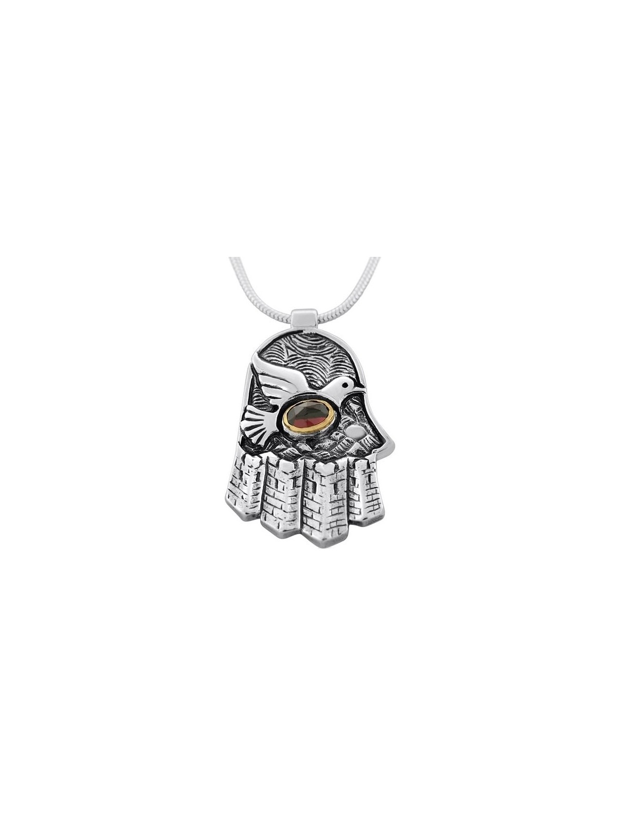 Collier Hamsa en argent sterling avec pierre colombe et grenat
