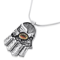 Sterling Silver Hamsa Necklace with Dove & Garnet Stone