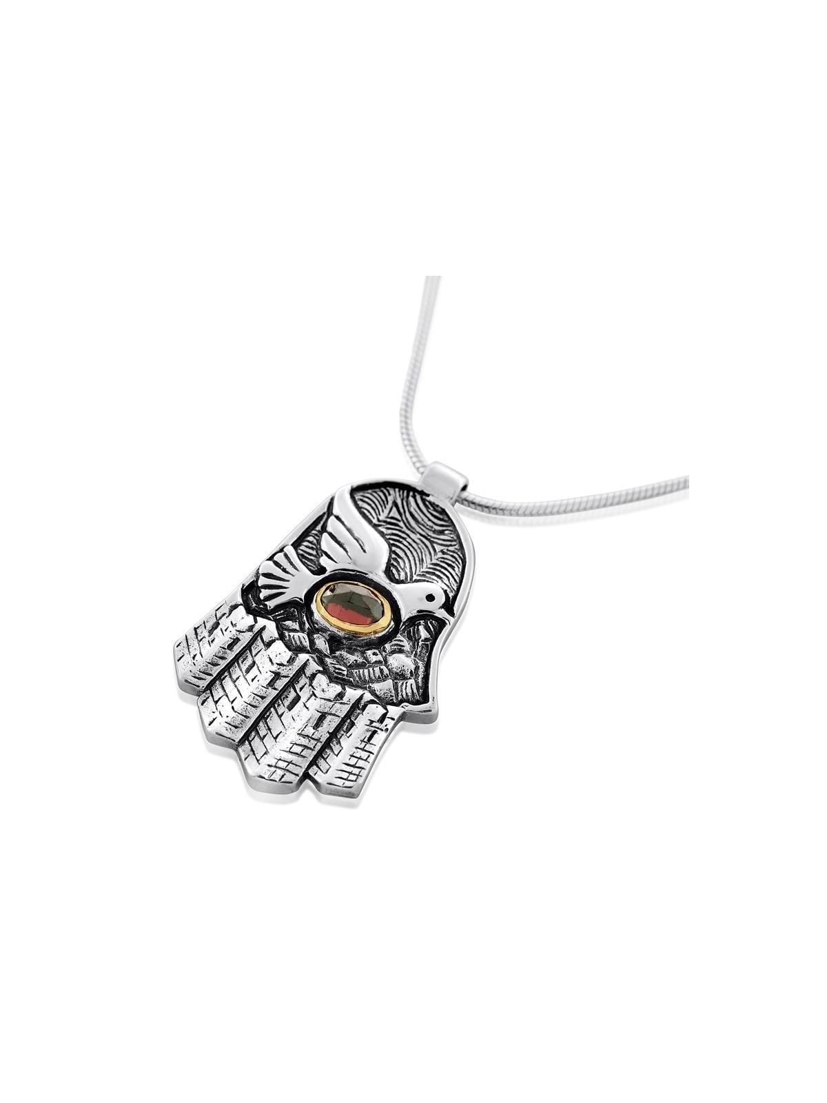 Collier Hamsa en argent sterling avec pierre colombe et grenat