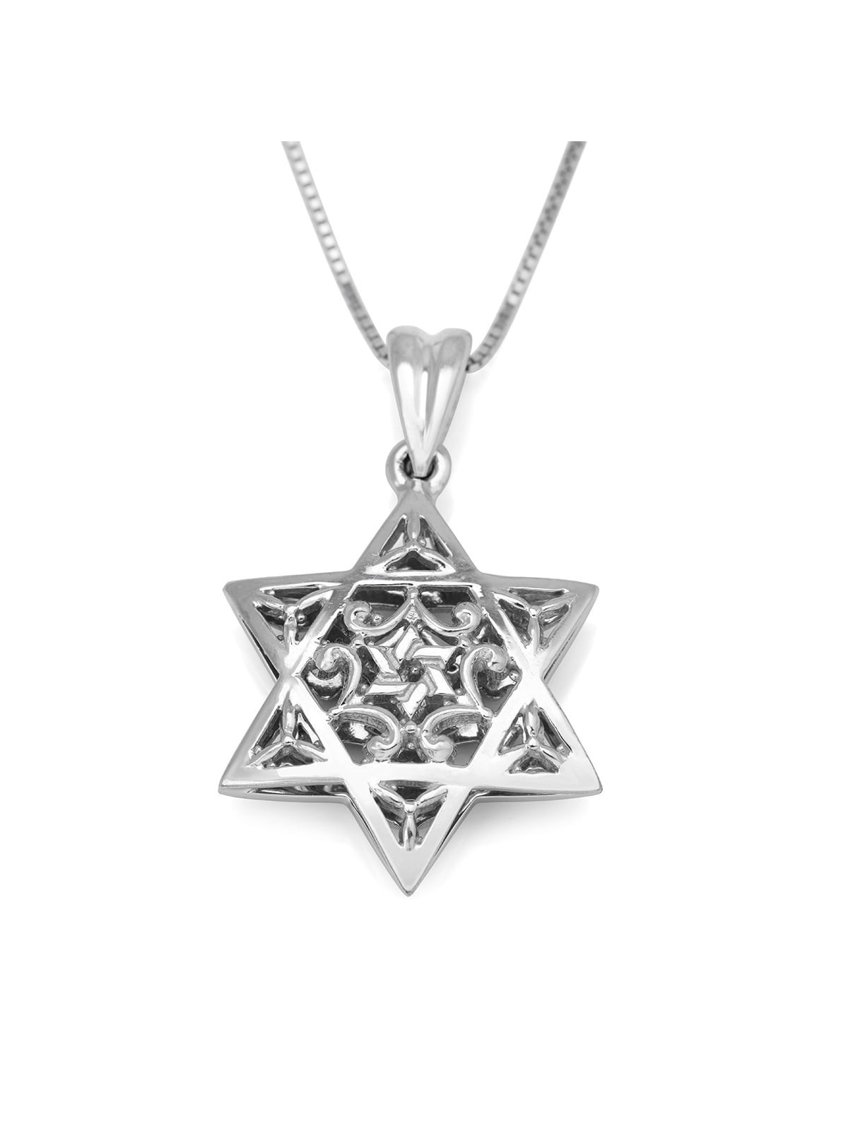 Collier avec pendentif étoile de David en forme de dôme orné en or blanc 14 carats