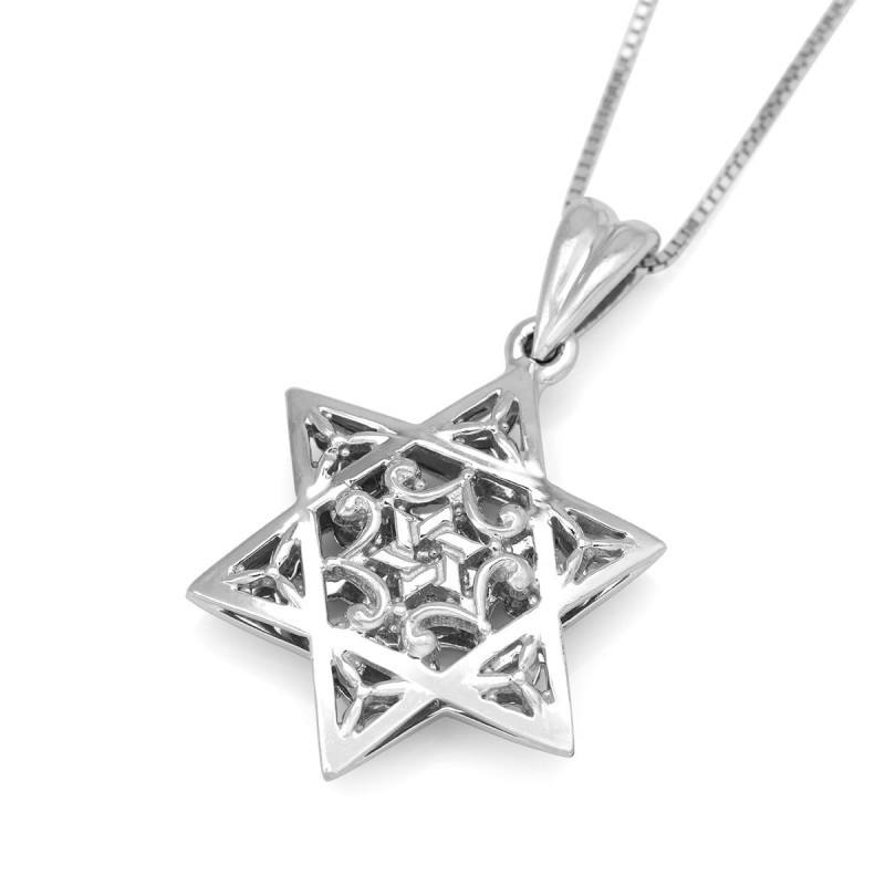 Collier avec pendentif étoile de David en forme de dôme orné en or blanc 14 carats