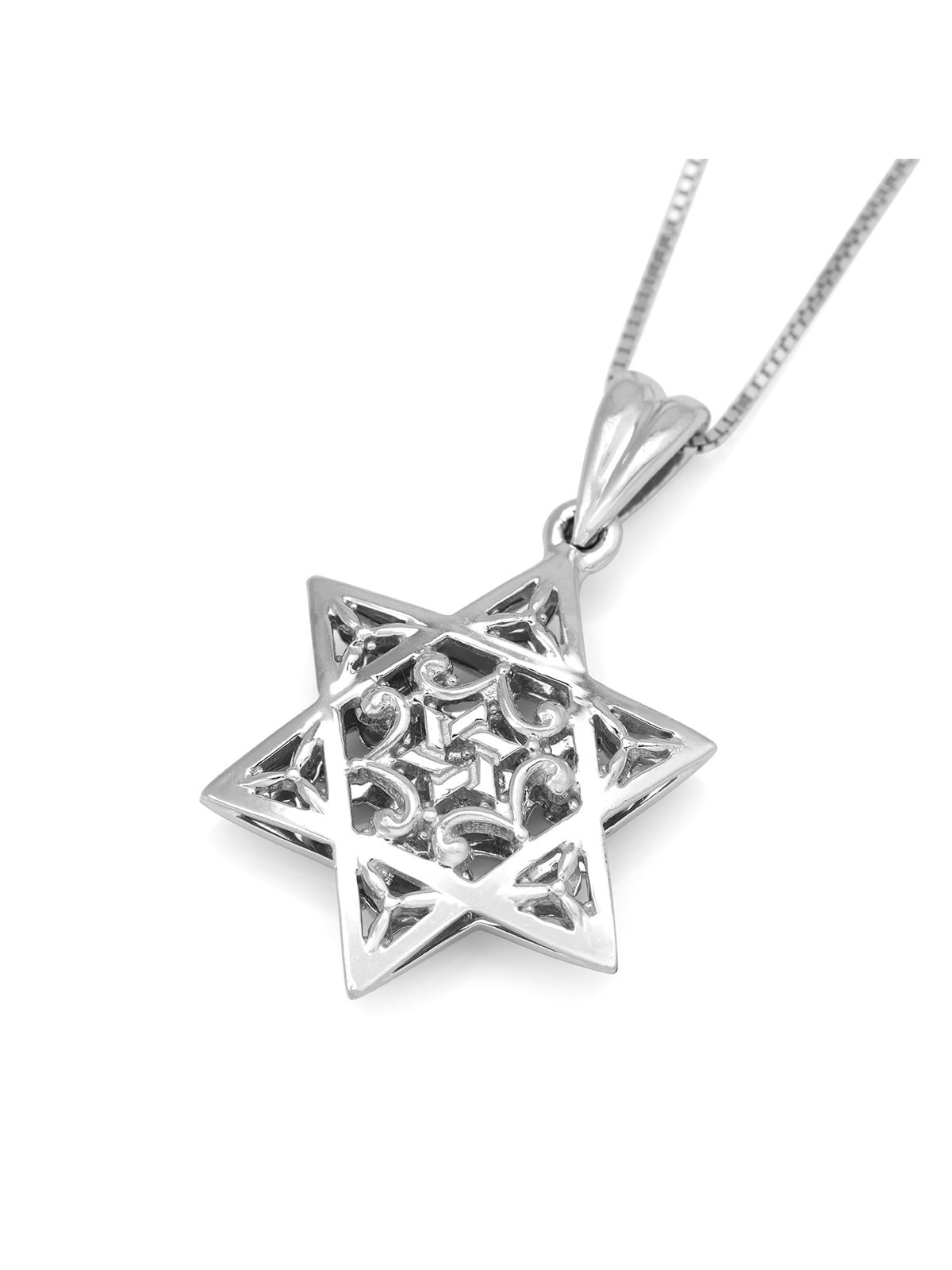 Collier avec pendentif étoile de David en forme de dôme orné en or blanc 14 carats