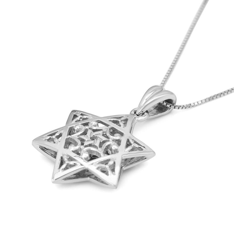 Collier avec pendentif étoile de David en forme de dôme orné en or blanc 14 carats