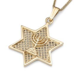 14K Gold Star of David Pendant Necklace with Menorah