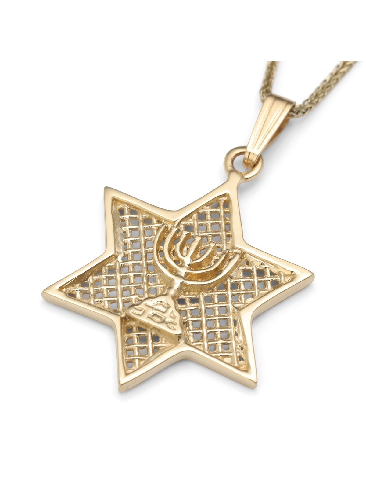14K Gold Star of David Pendant Necklace with Menorah