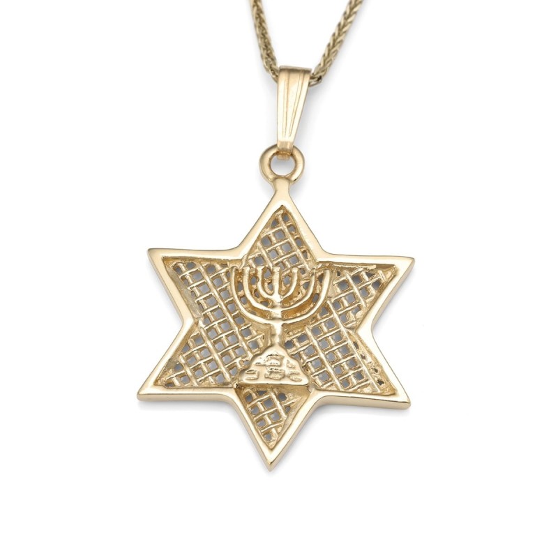 Collier pendentif étoile de David en or 14 carats avec menorah