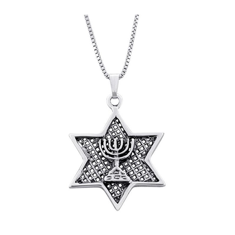Star of David with Menorah Silver Necklace